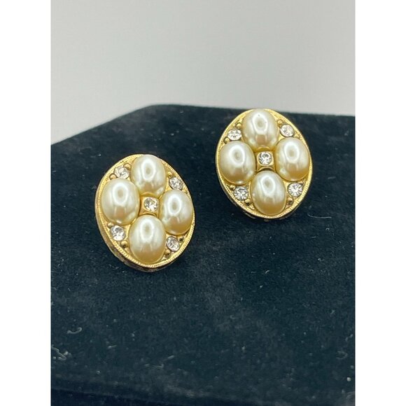 2 Pairs Pierced Earrings Gold Silver Tones Faux Pearls Clear Rhinestones - Picture 4 of 13